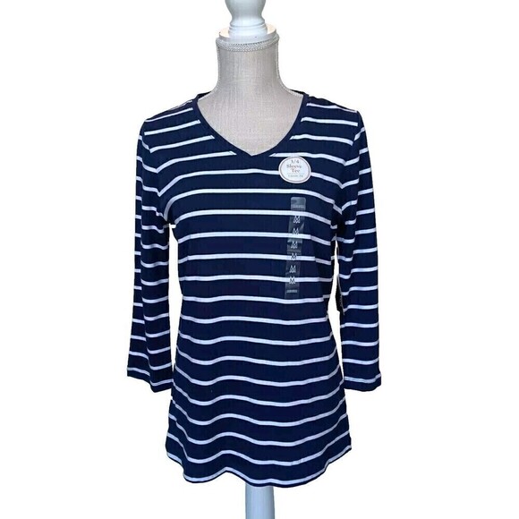 NWT Kim Rogers Women's Size M Navy/White Striped 100% Cotton 3/4" Sleeve Tee - Picture 1 of 8